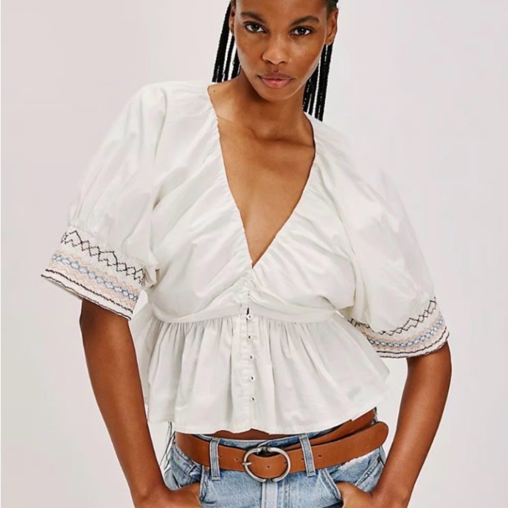 Free People Cream Embroidered Blouse